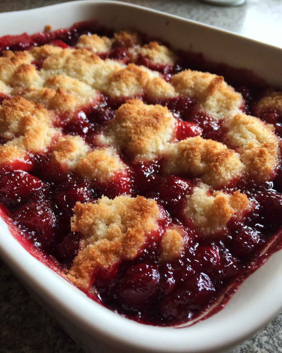 Close-up of bubbling, rich red filling and golden biscuit topping of a Traditional Cherry Cobbler.