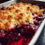 A close-up shot of a bubbling Traditional Cherry Cobbler showing bright red cherries beneath a golden, crumbly topping.