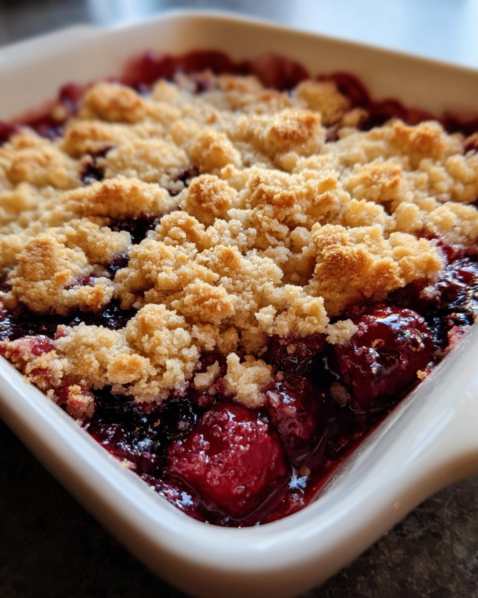 Close-up of a bubbling Traditional Cherry Cobbler with a golden, crumbly topping in a white baking dish.