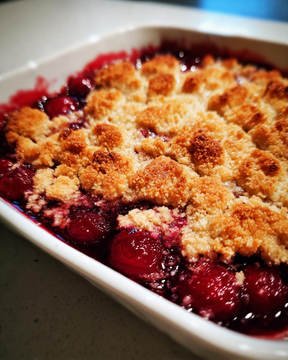 Close-up of a freshly baked traditional cherry cobbler with a golden, crumbly topping over bright red cherries.