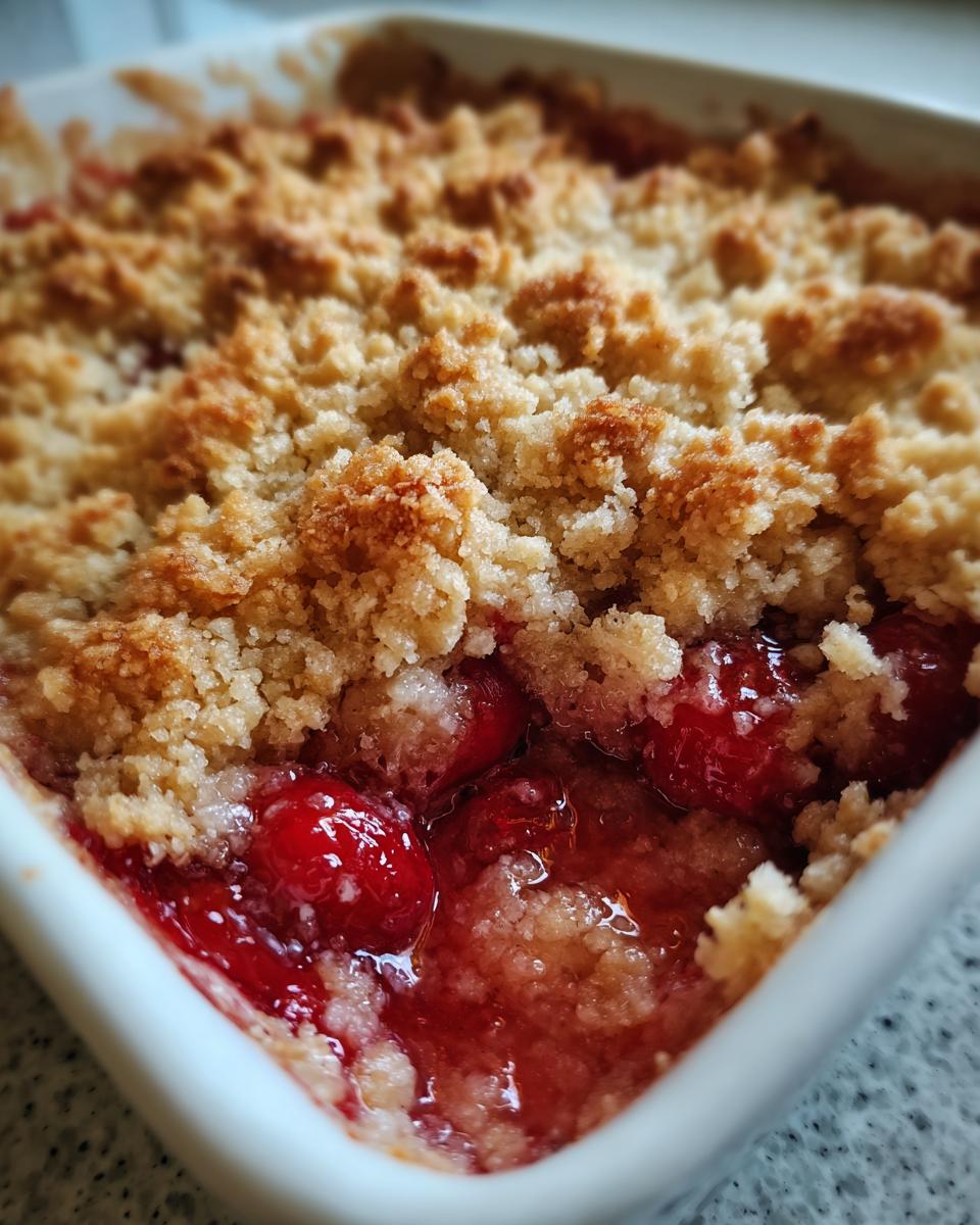 A close-up view of bubbling red cherries under a golden, crumbly topping of traditional cherry cobbler.