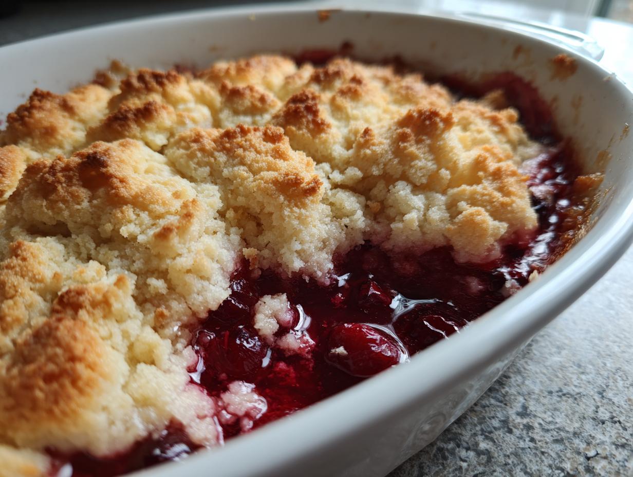 Close-up of bubbling, juicy fruit filling beneath a golden, crumbly topping of traditional cherry cobbler.