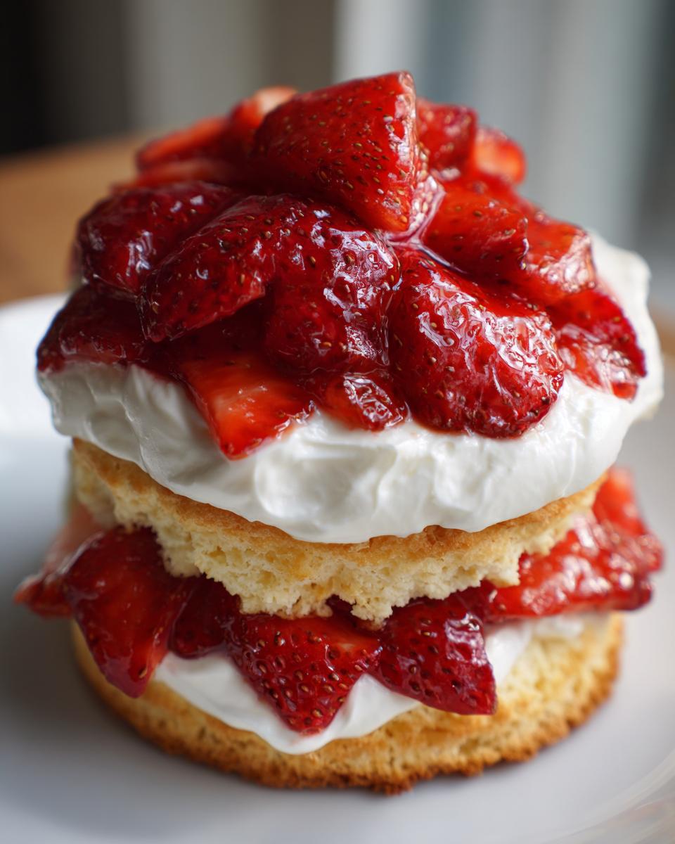Close-up of a layered Traditional strawberry shortcake with biscuit, whipped cream, and macerated strawberries.