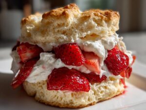 Close-up of a fluffy biscuit split and filled with fresh strawberries and whipped cream for traditional strawberry shortcake.