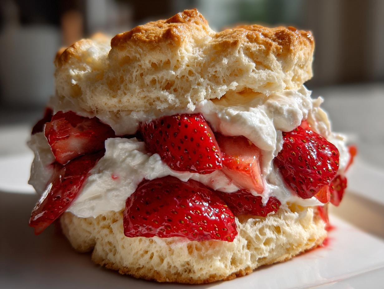 Close-up of a fluffy biscuit split and filled with fresh strawberries and whipped cream for traditional strawberry shortcake.