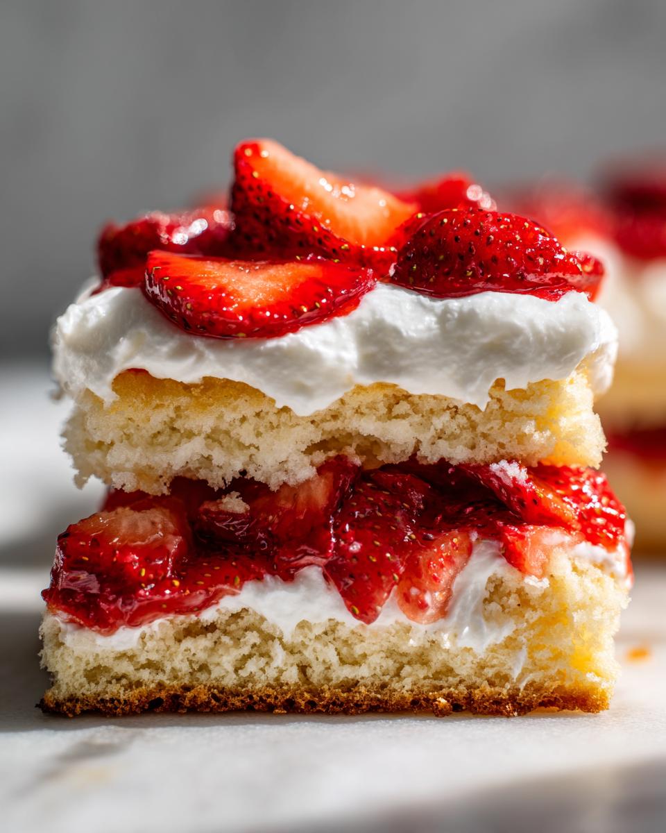 Close-up of a layered slice of traditional strawberry shortcake showing cake, whipped cream, and macerated strawberries.