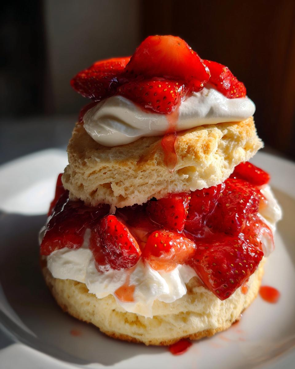 Close-up of a layered Traditional strawberry shortcake with biscuit, whipped cream, and macerated strawberries.
