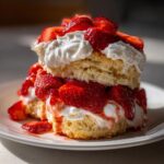 Close-up of a tall, layered Traditional strawberry shortcake with biscuits, fresh strawberries, and whipped cream.