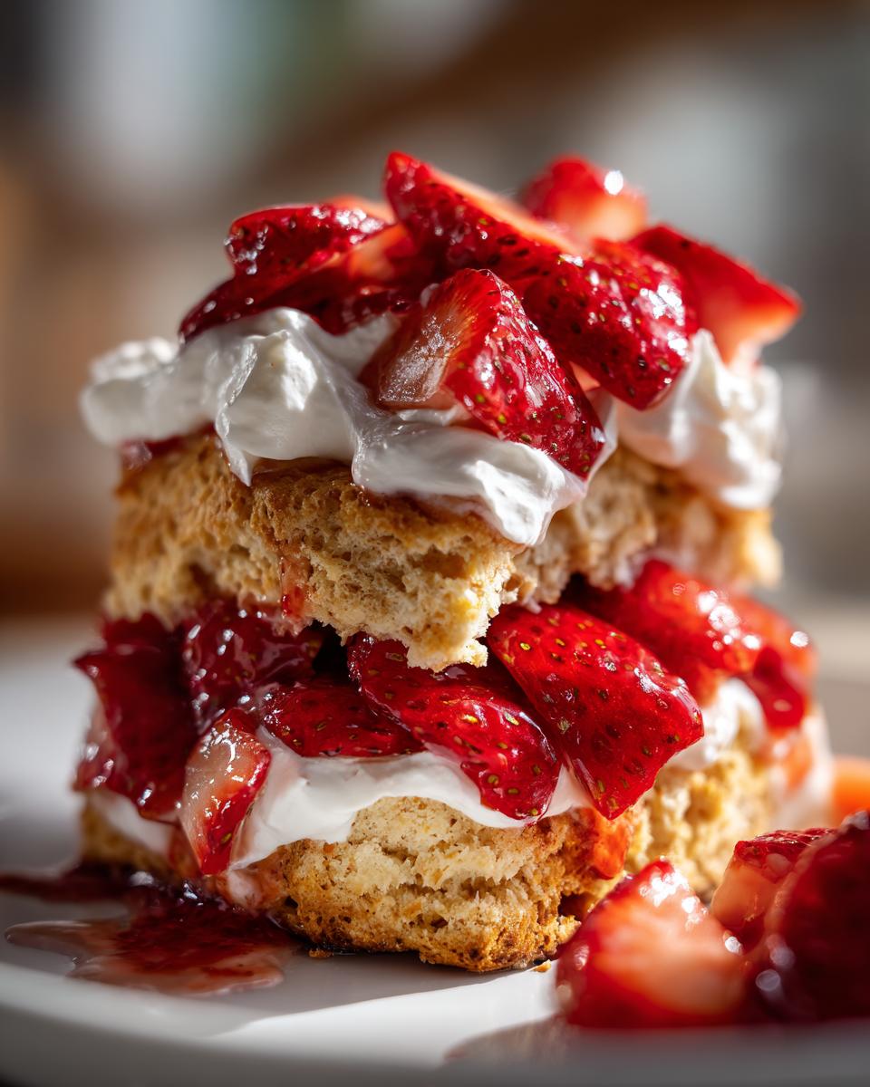 A tall stack of Traditional strawberry shortcake featuring biscuit layers, fresh strawberries, and whipped cream.