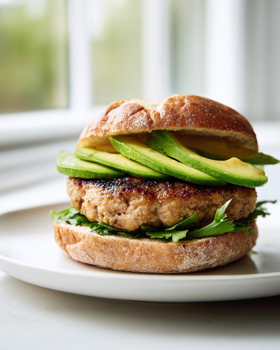 Close-up of a juicy turkey burger with sliced avocado and greens on a bun.