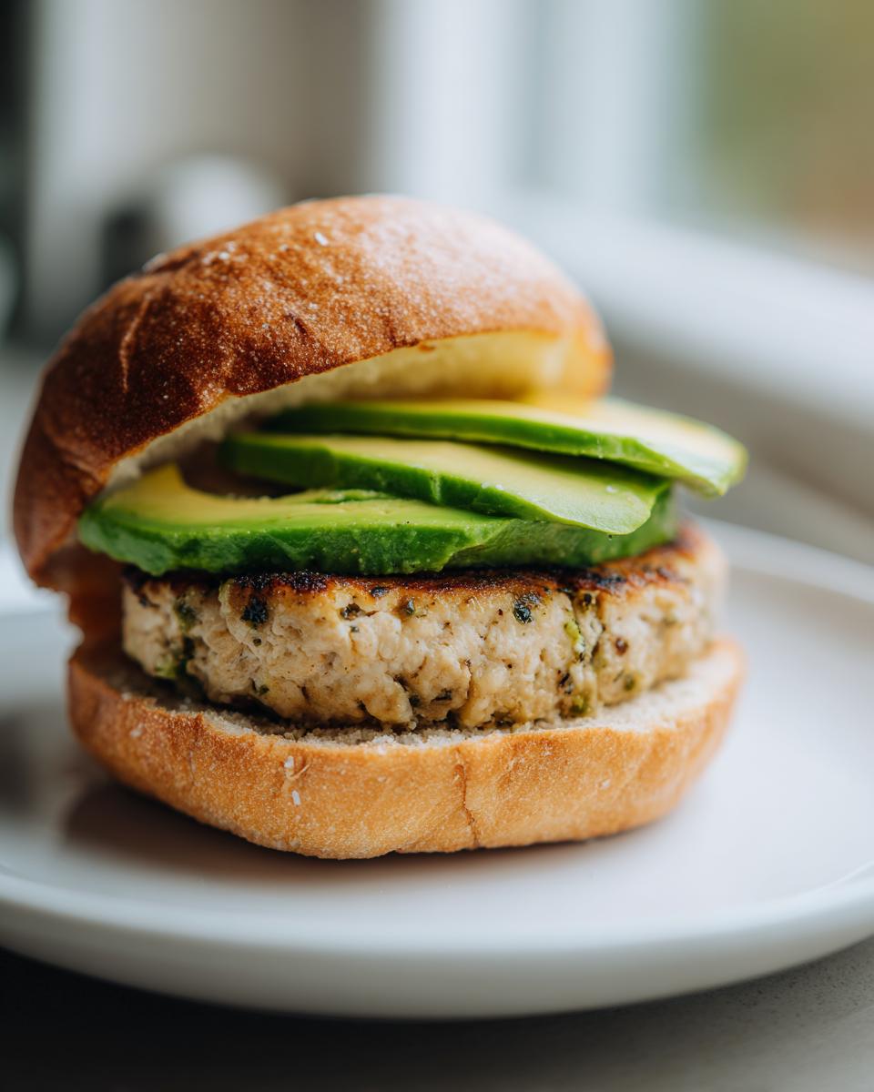 A close-up of a juicy turkey burger with slices of fresh avocado served on a toasted bun.