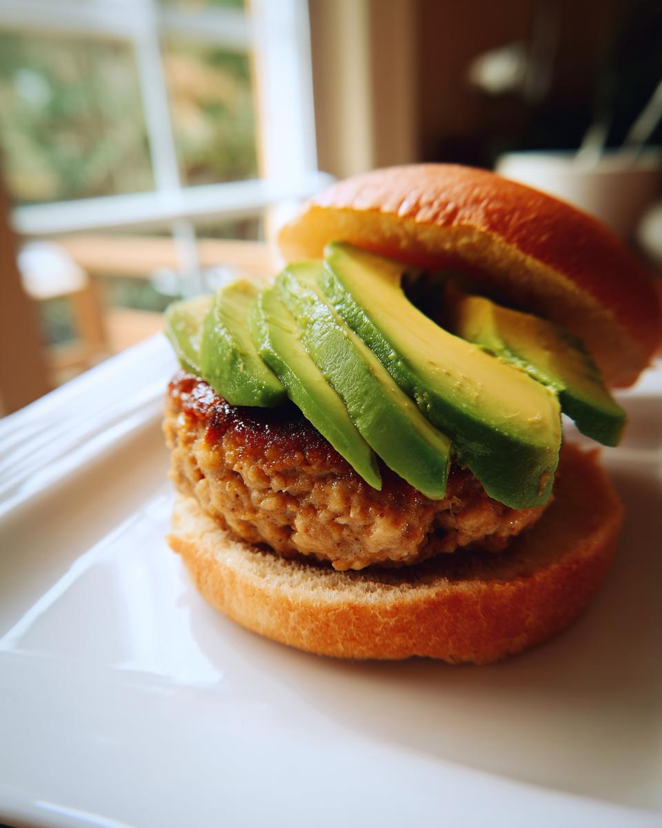Close-up of a juicy turkey burger patty topped generously with sliced avocado on a toasted bun.