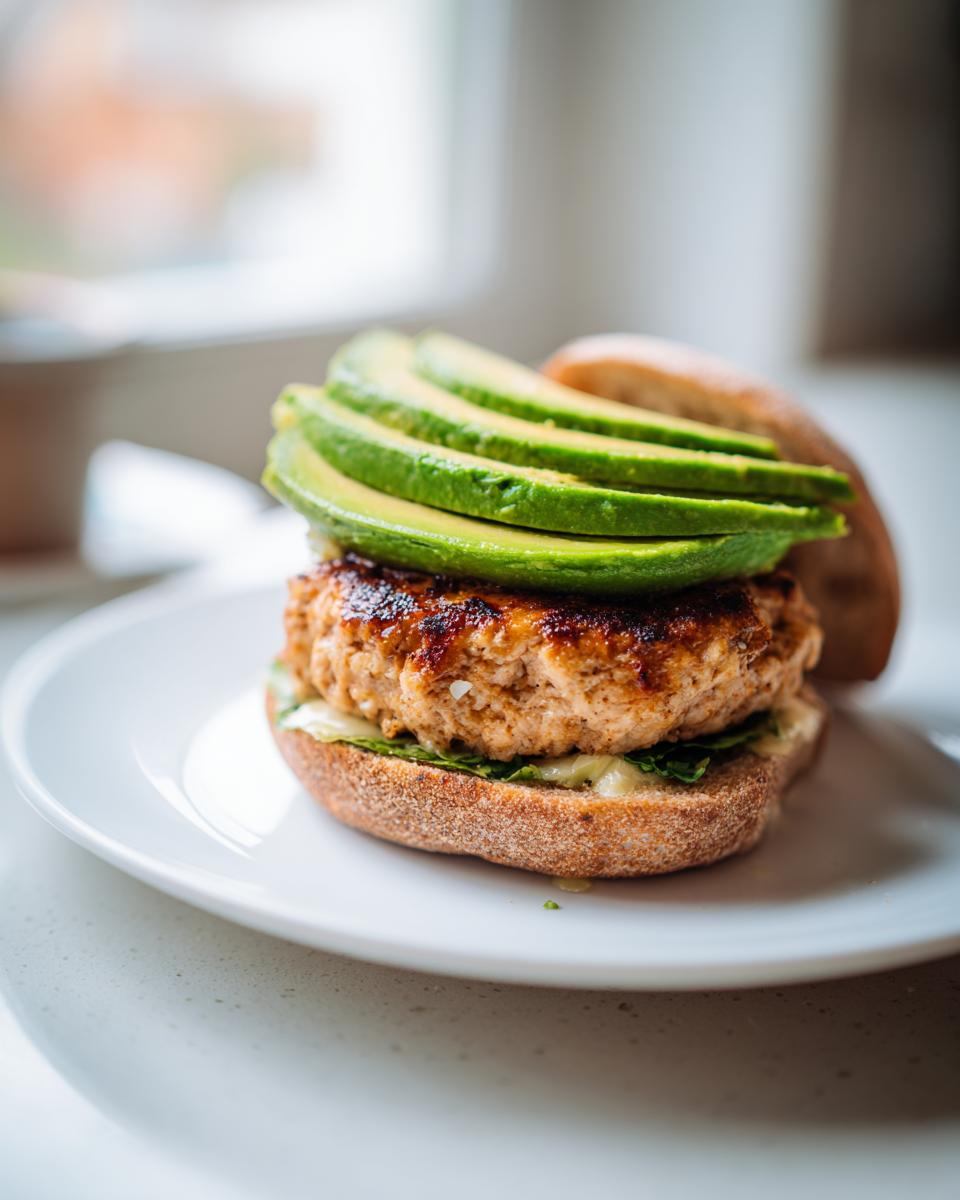 A close-up of a delicious turkey burger with avocado slices stacked high on a whole wheat bun.