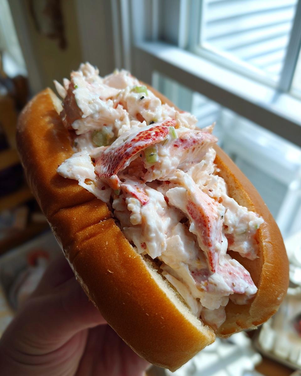 A close-up shot of a generously filled Maine lobster roll held up near a window.