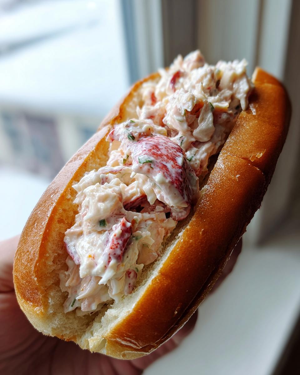 A close-up view of a generously filled Maine lobster roll in a toasted, buttery bun, held up to the light.