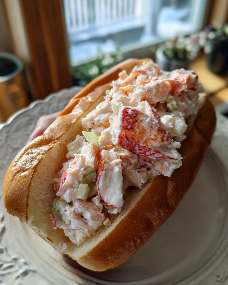 A close-up of a generously filled Maine lobster roll featuring chunks of lobster meat mixed with creamy dressing and celery, served in a split-top bun.
