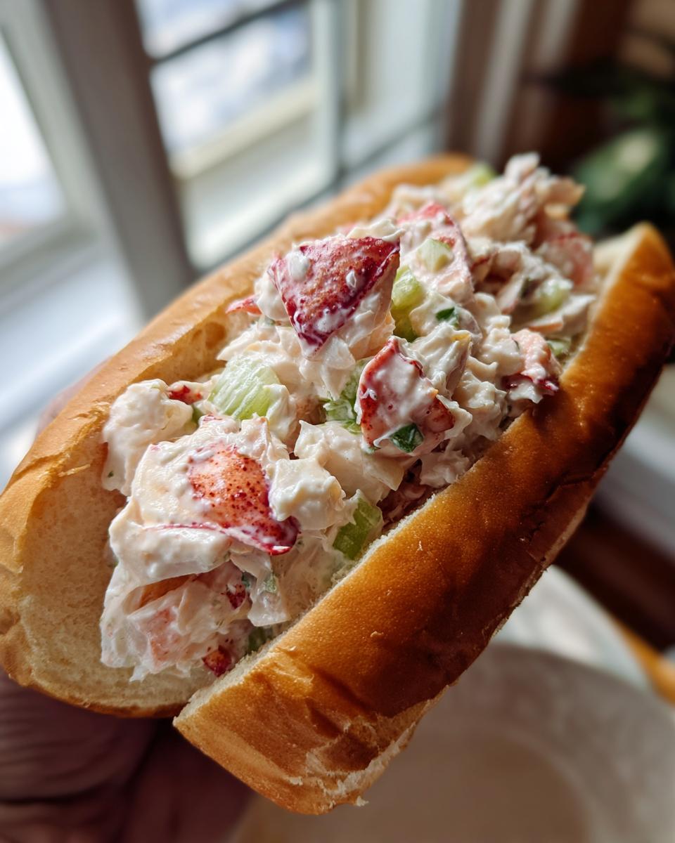 A close-up shot of a creamy Maine lobster roll overflowing with lobster meat and celery in a split-top bun.
