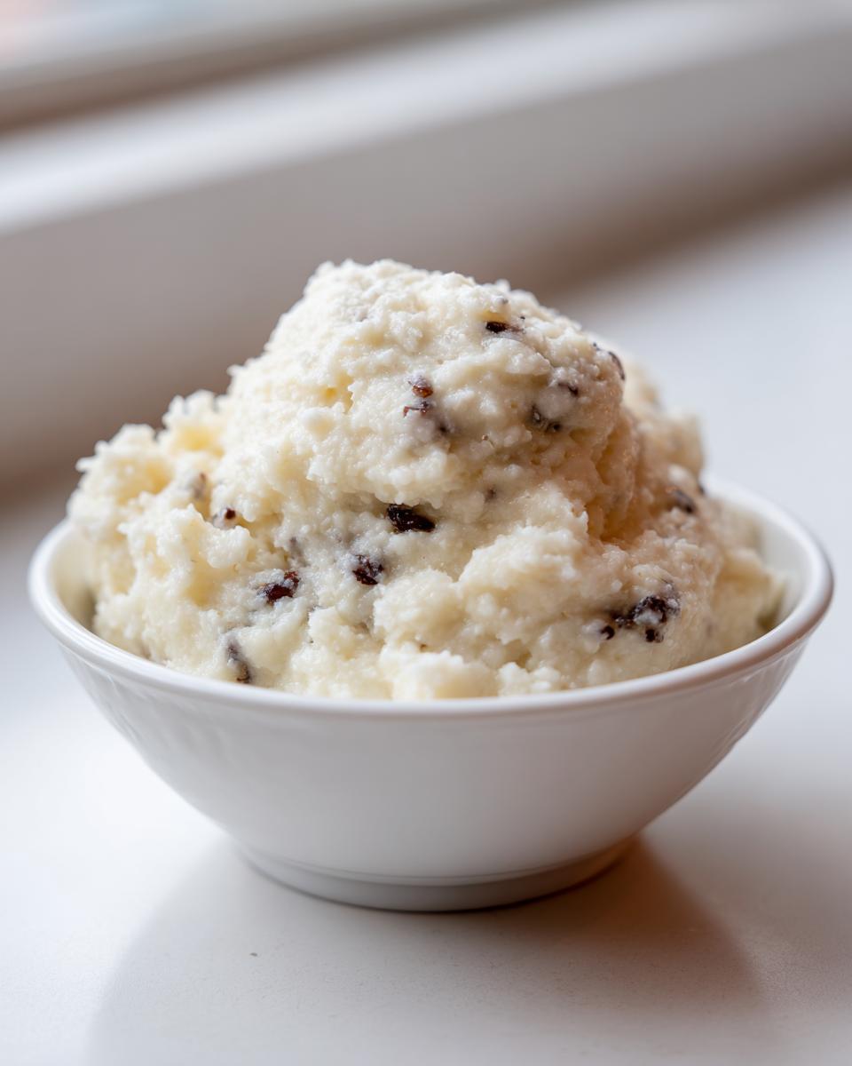 A close-up of thick, creamy Vanilla bean rice pudding served in a white bowl, featuring dark specks of raisins.