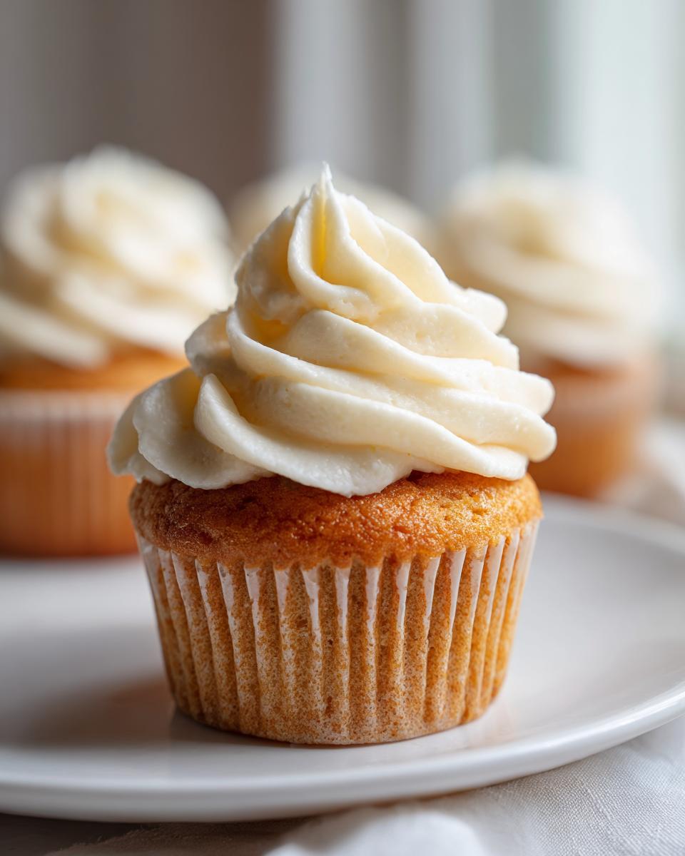 Close-up of a golden Vanilla cupcake with buttercream frosting piped high on top, resting on a white plate.