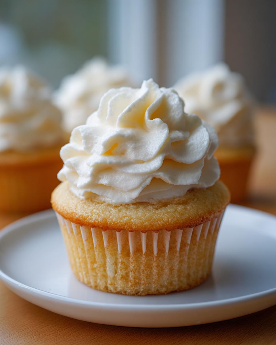 Close-up of a perfect vanilla cupcake with a tall swirl of white buttercream frosting on a small white plate.