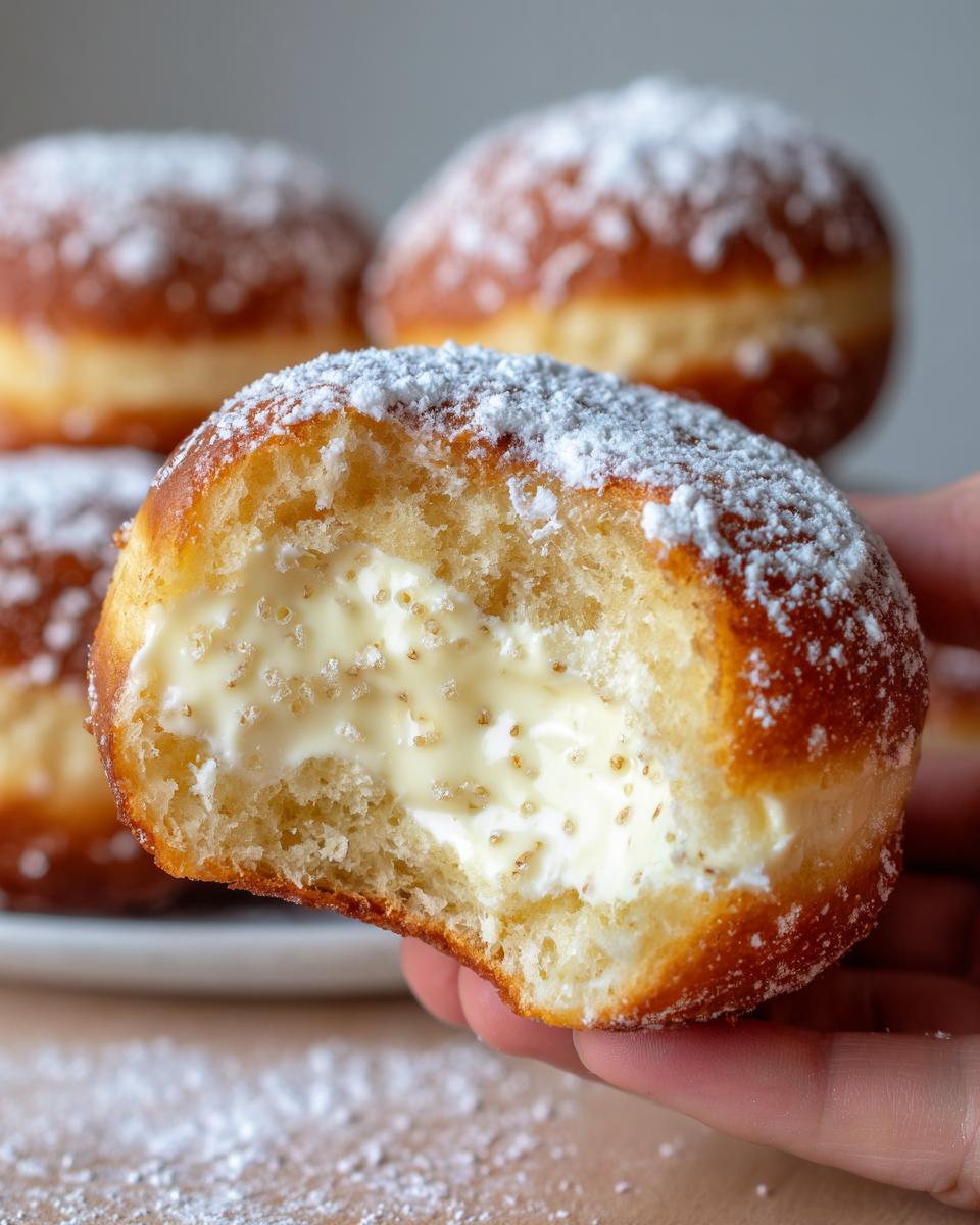 A hand holding a bitten vanilla custard donut dusted heavily with powdered sugar.