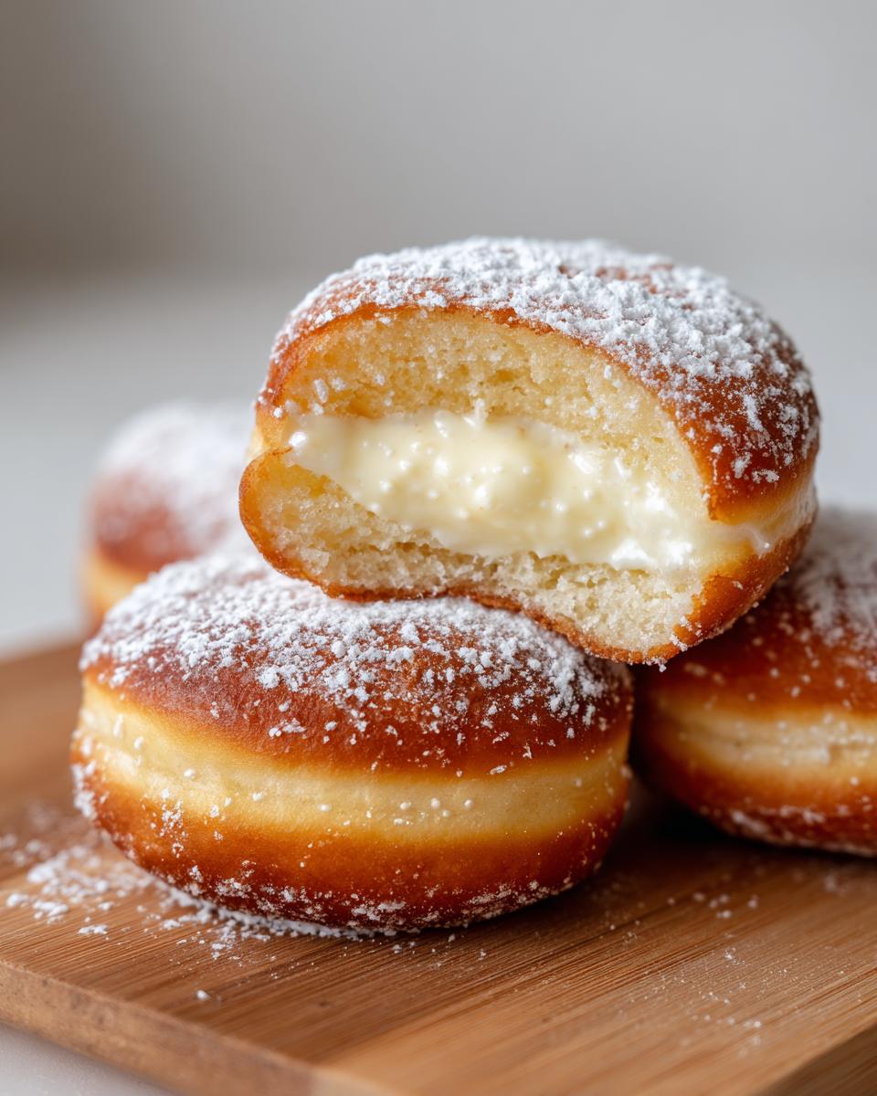 A close-up of a fluffy Vanilla Custard Donut cut in half, revealing creamy filling, dusted heavily with powdered sugar.