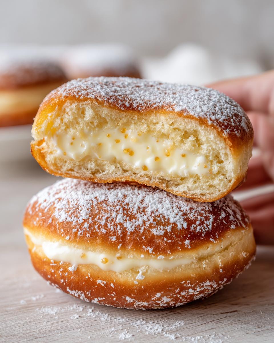 Close-up of a vanilla custard donut cut in half, showing creamy filling and powdered sugar dusting.