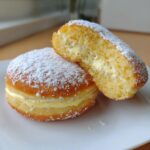 A delicious vanilla custard donut, dusted with powdered sugar, shown whole next to a half piece revealing the creamy vanilla custard filling.