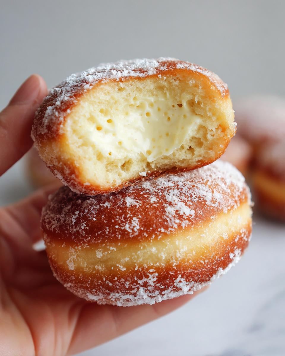 A hand holding two sugared donuts, one cut in half revealing rich vanilla custard filling of the Vanilla Custard Donut.