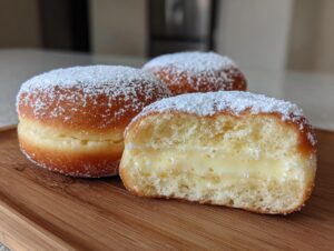 Close-up of three fluffy Vanilla custard donuts, one cut open to show the creamy filling, dusted with powdered sugar.