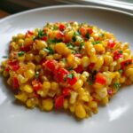 A close-up of bright yellow corn succotash mixed with diced red peppers and topped with fresh parsley.