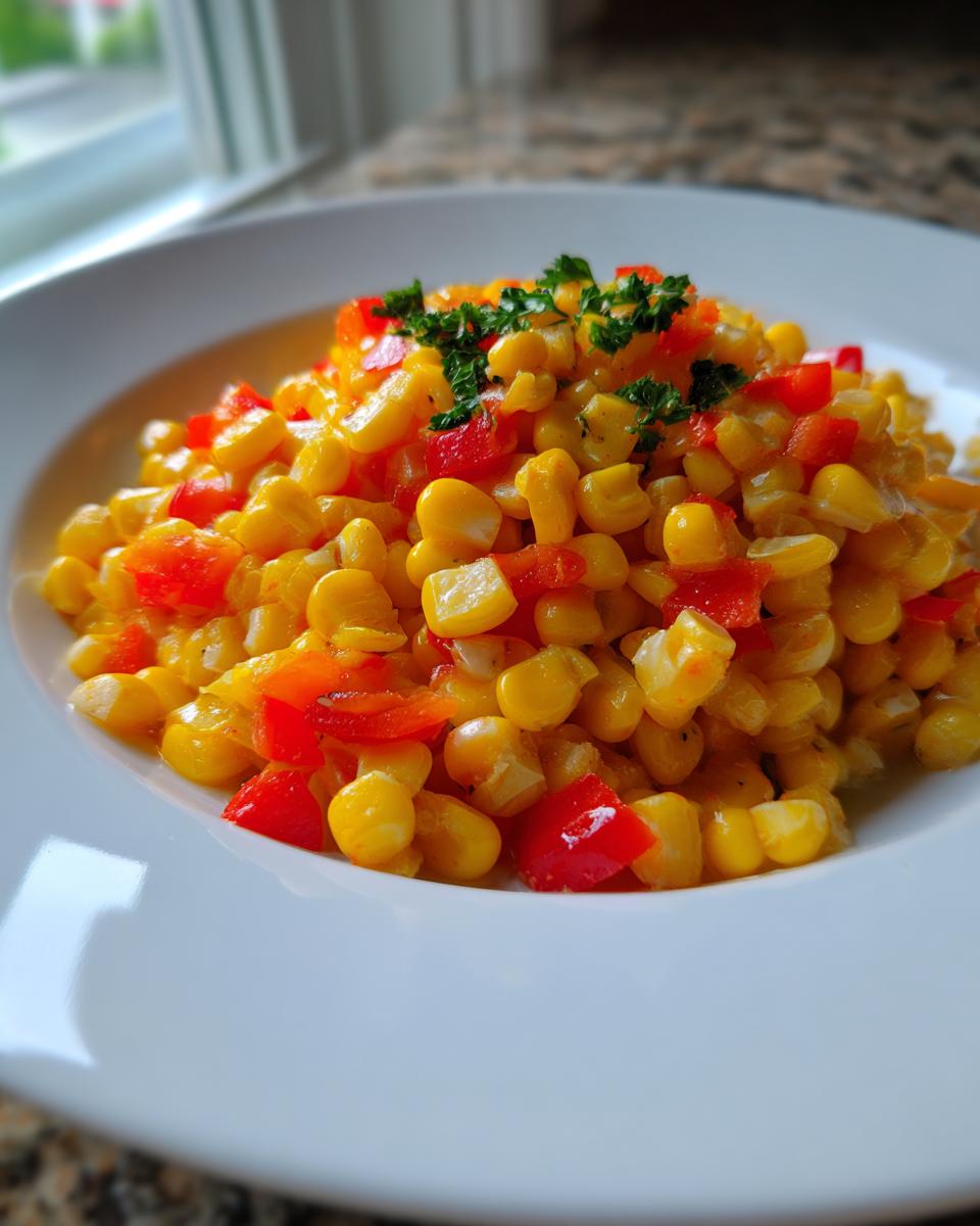 A close-up of bright yellow corn succotash mixed with diced red peppers and garnished with parsley.