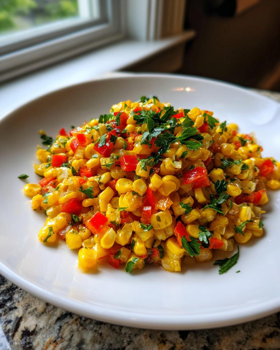 A close-up of vibrant Corn succotash featuring yellow corn kernels, diced red peppers, and fresh parsley garnish on a white plate.