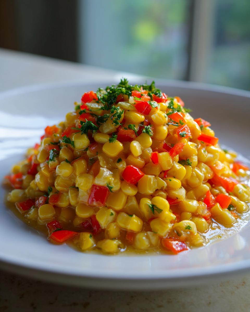A close-up of a mound of vibrant yellow Corn Succotash mixed with diced red peppers and topped with fresh parsley.