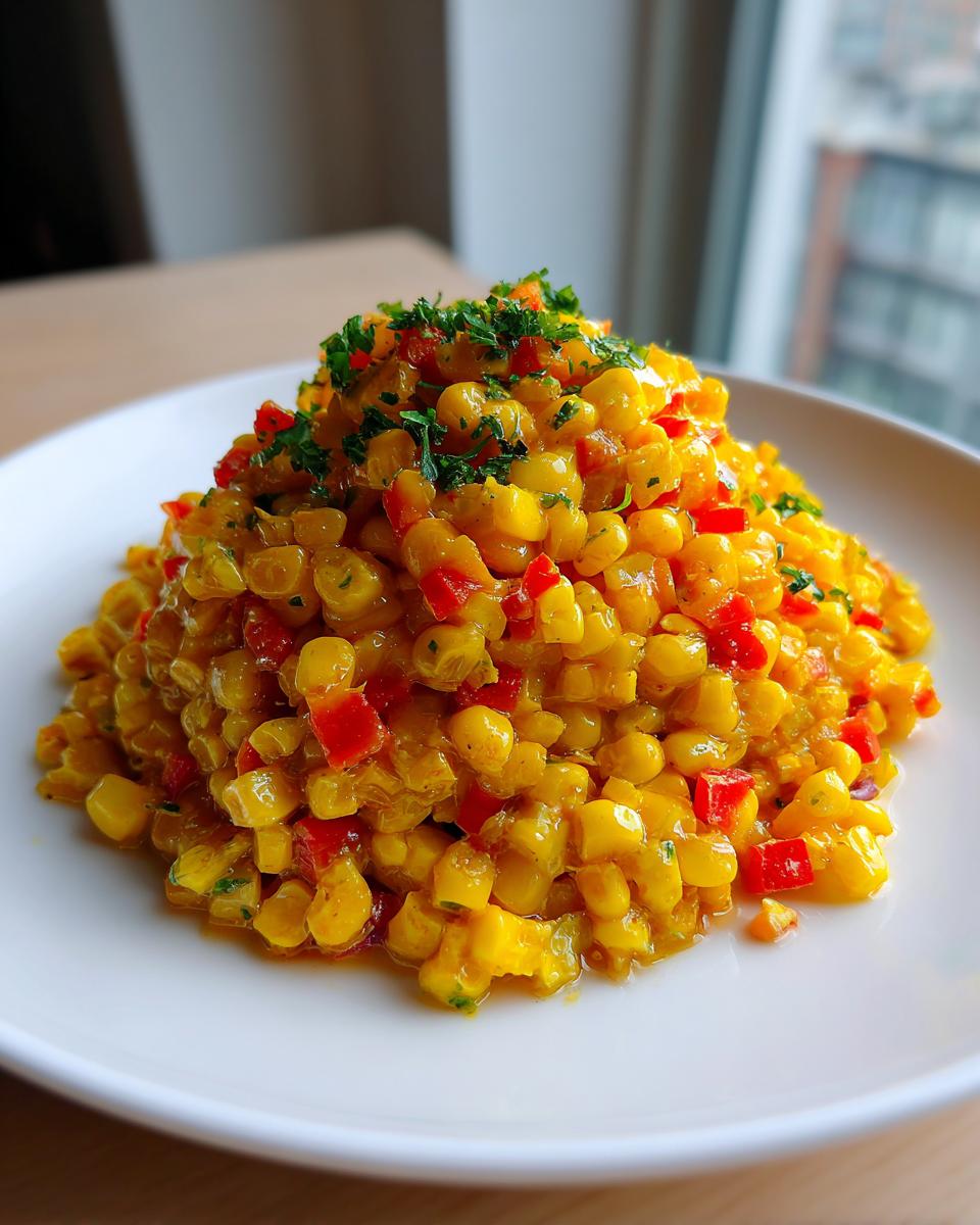A mound of bright yellow corn succotash mixed with diced red peppers and topped with fresh parsley.