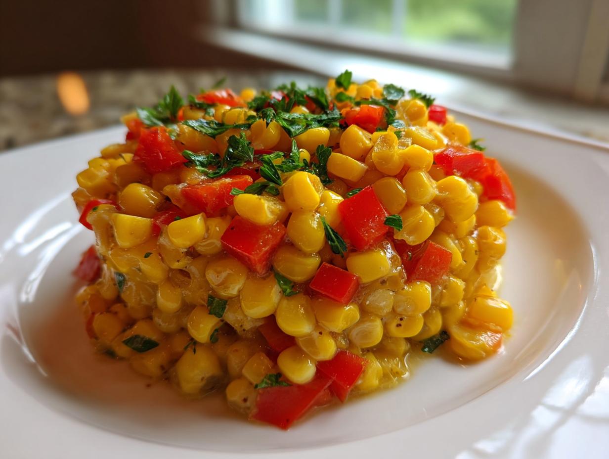 A molded serving of bright yellow corn succotash mixed with diced red peppers and topped with fresh parsley.
