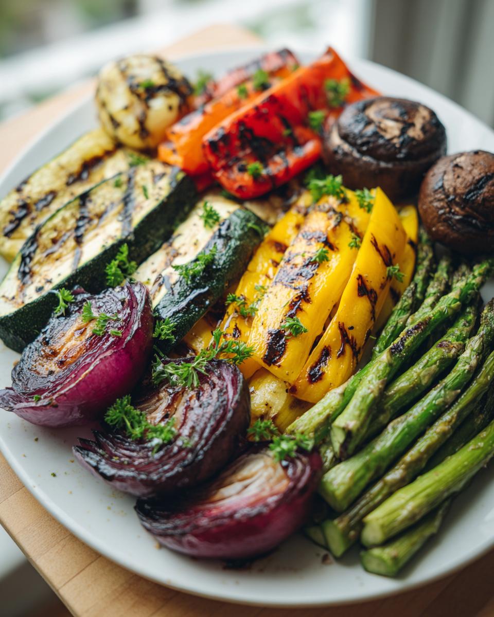 A colorful grilled vegetable platter featuring zucchini, red onion, bell peppers, mushrooms, and asparagus, garnished with parsley.