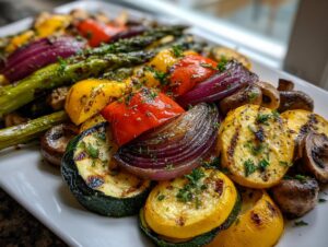 Close-up of a colorful grilled vegetable platter featuring zucchini, yellow squash, red onion, peppers, and asparagus.