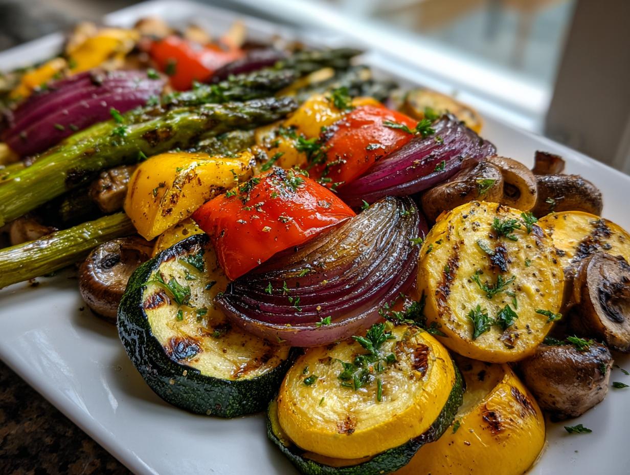 Close-up of a colorful grilled vegetable platter featuring zucchini, yellow squash, red onion, peppers, and asparagus.