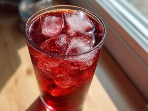 Close-up of a tall glass filled with vibrant red Hibiscus iced tea and large ice cubes, showing condensation.