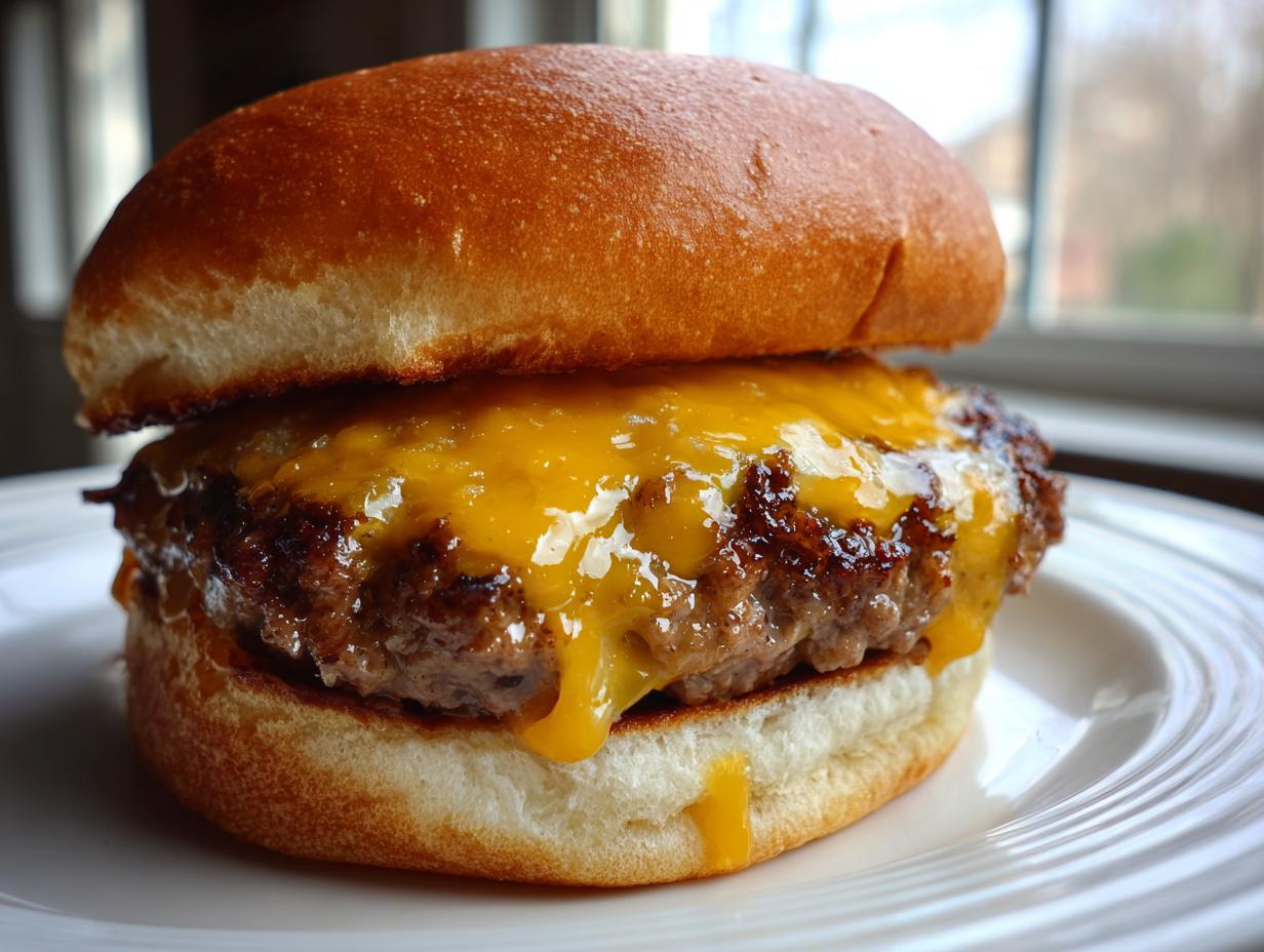 Close-up of a juicy Wagyu beef burger patty topped with perfectly melted cheddar cheese on a toasted bun.