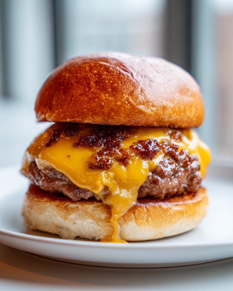 Close-up of a juicy Wagyu beef burger with a thick, melted cheese slice and savory topping on a brioche bun.