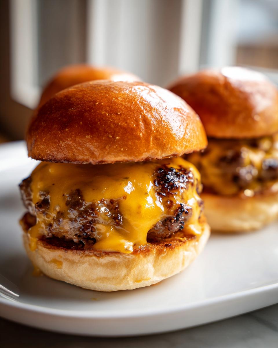 Close-up of a juicy Wagyu beef burger slider topped with dripping melted cheddar cheese on a toasted brioche bun.