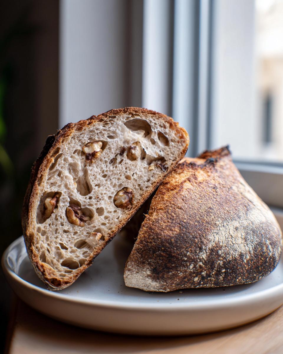 Close-up of a loaf of walnut sourdough bread cut in half, showing an open crumb structure studded with whole walnuts.