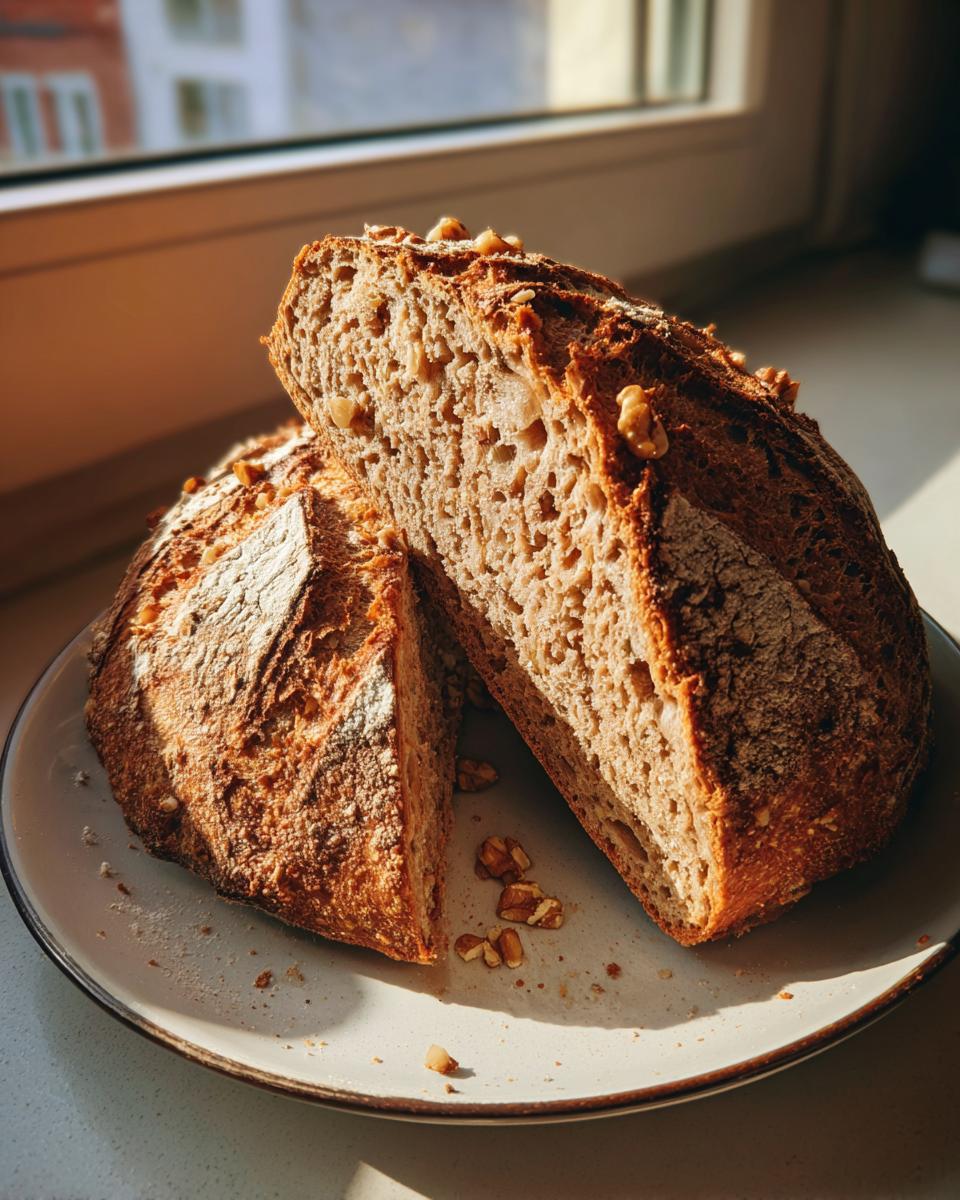 A rustic Walnut Sourdough Bread loaf cut in half, showcasing the airy crumb and walnuts, bathed in sunlight.