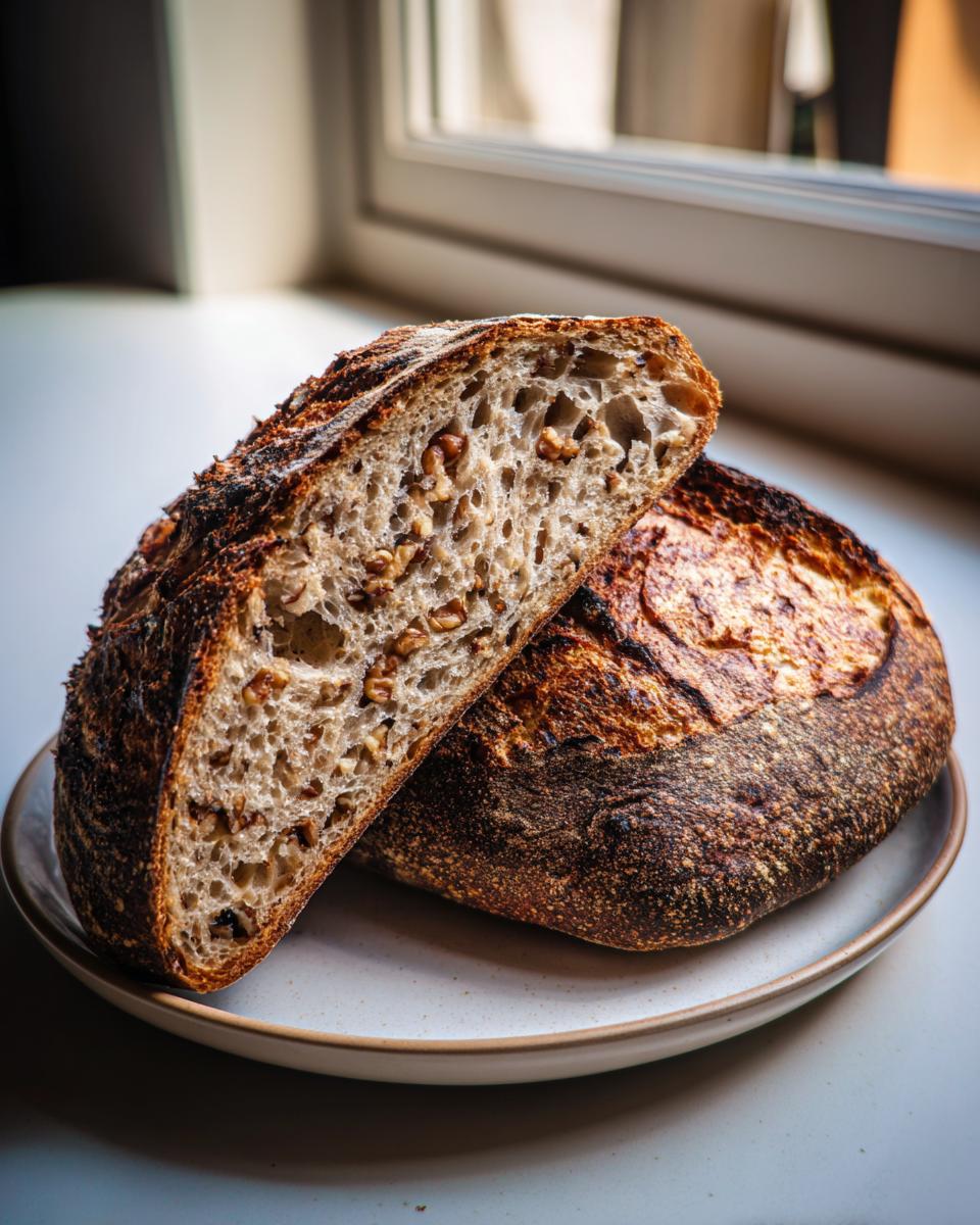 Close-up of a deeply caramelized Walnut Sourdough Bread loaf cut in half, showing the open crumb texture filled with walnuts.