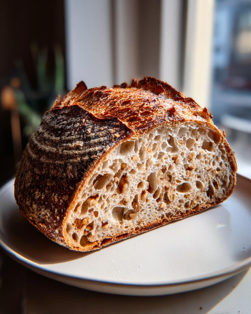 Cross-section of Walnut Sourdough Bread showing an open, airy crumb studded with visible walnut pieces.
