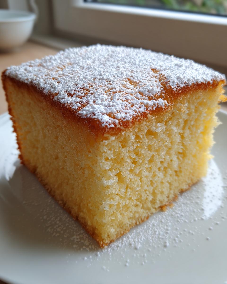 A moist, square slice of Warm Milk Cake topped generously with white powdered sugar, served on a white plate.