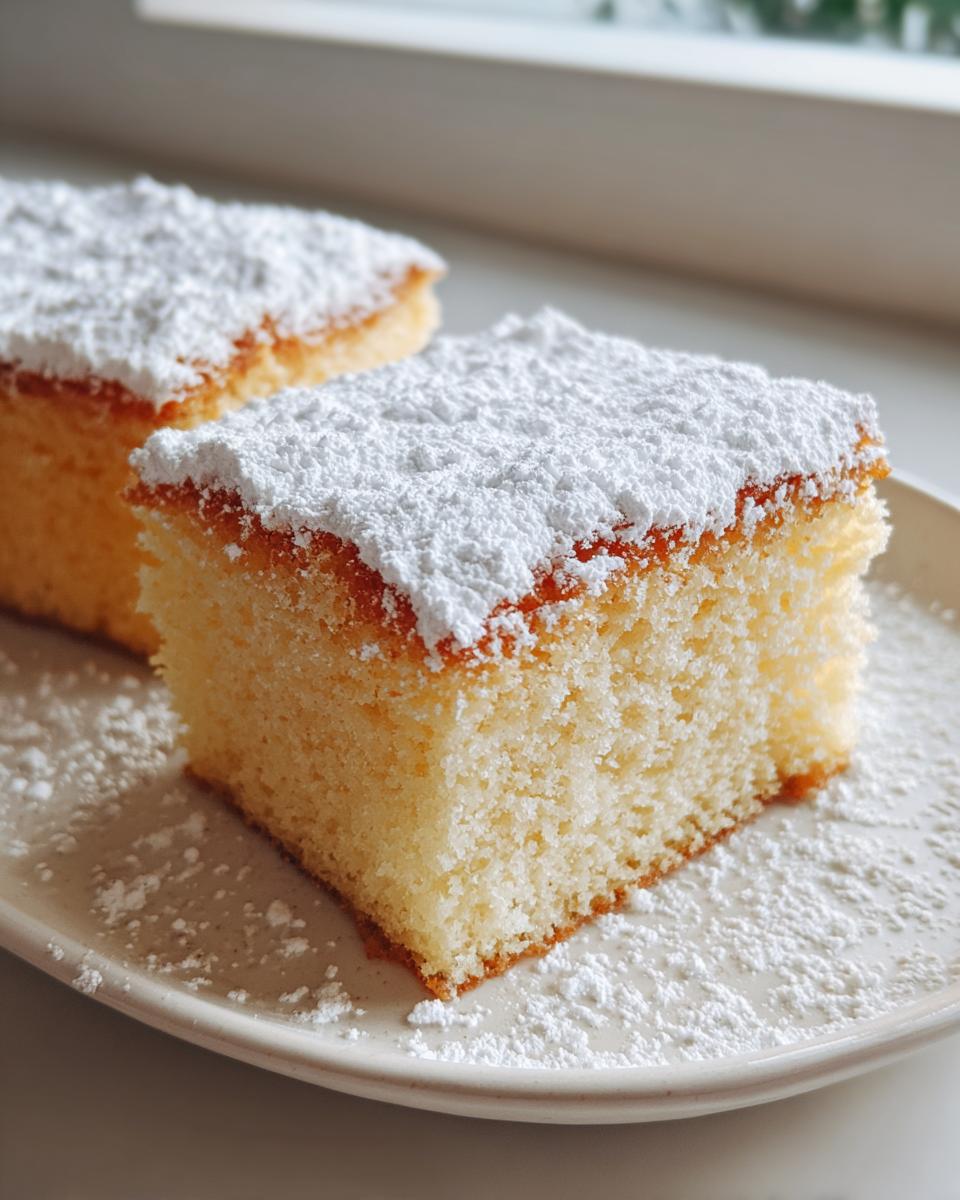 Close-up of a moist slice of Warm Milk Cake dusted heavily with powdered sugar on a white plate.