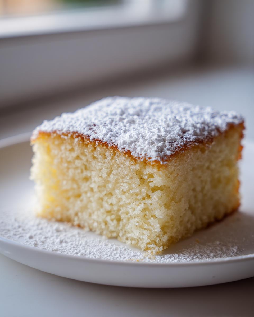 A close-up of a moist slice of warm milk cake topped generously with white powdered sugar on a white plate.